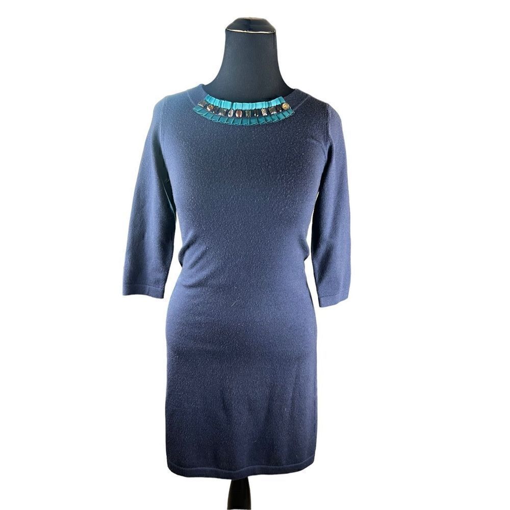 Boden 6R Navy Blue sweater dress Wool Blend Embellished 3/4 sleeve Career